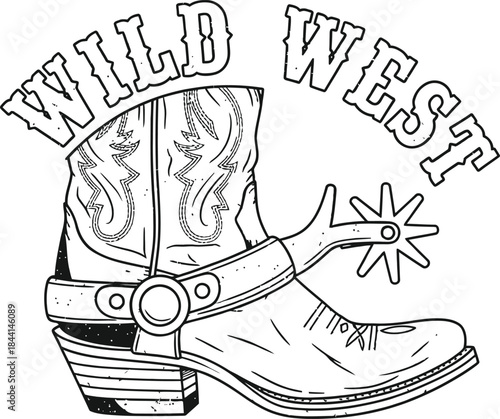 Western cowboy boot vector illustration with Wild West text for country music and rodeo themes on a transparent background.