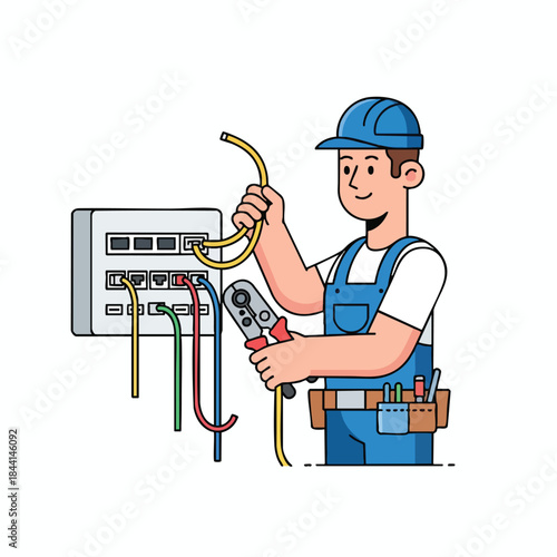 An electrician with tools fixing wiring near a breaker box in a cartoon illustration