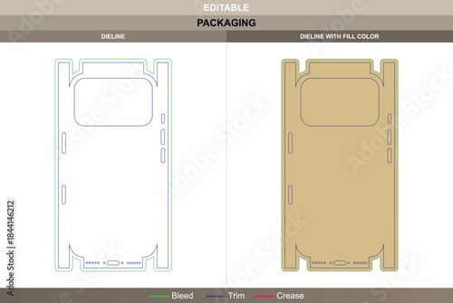 Mobile phone case dieline produced using vector detail improving printing alignment packaging structure precise die line shape fits larger edges with balanced layout