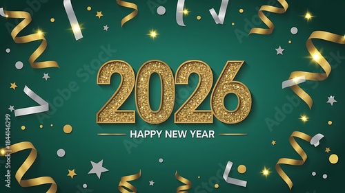 New Year 2026 Design with Glittery Golden Numbers and Festive Streamers on Green