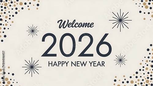 New Year 2026 Design with “Welcome 2026” Text and Festive Starburst Decorations