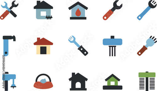 A grid of nineteen icons depicting tools houses and servicerelated objects