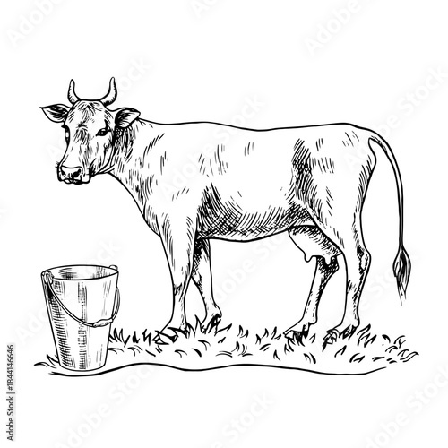 Cow milking. Black and white hand-drawn vector illustration. A cow standing in profile with a milking bucket next to it. For dairy farms or agricultural projects, labels, packaging, banners, and more.