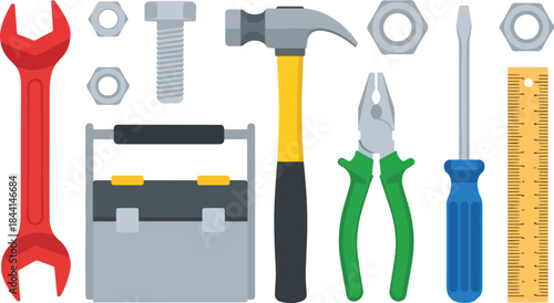 Assortment of tools including a wrench fasteners toolbox hammer pliers screwdriver and ruler