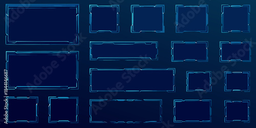 A collection of vibrant blue rectangular frames with a futuristic design aesthetic