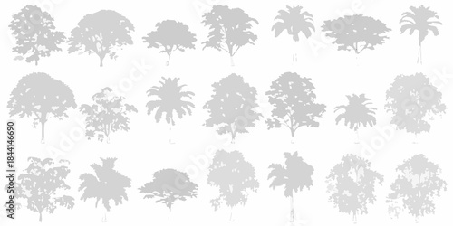 A collection of various tree silhouettes against a plain white background