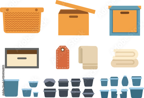 Collection of storage containers boxes tags and folded towels in flat style