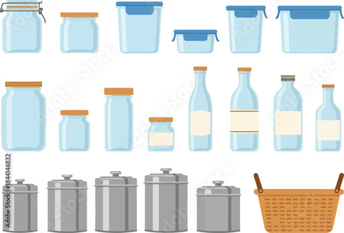 Collection of various glass plastic and metal storage containers and a wicker basket