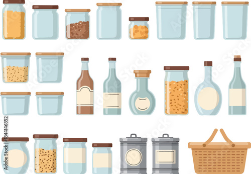 Collection of various glass jars bottles metal canisters and a wicker basket