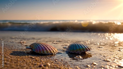Seashells on sandy beach with ocean waves and golden sunlight