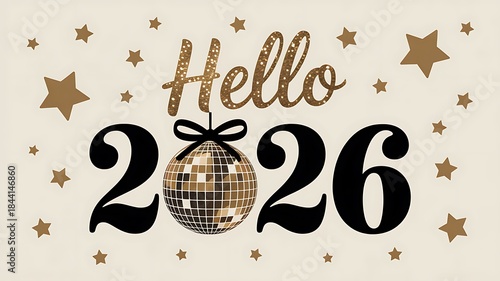 New Year 2026 Graphic with Glittery Gold “Hello” and Disco Ball Numeral Design