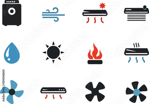 Grid of twelve black blue and red icons related to climate and air treatment devices