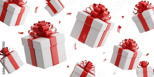 White Gift Boxes with Red Ribbons and Bows in Festive Holiday Composition