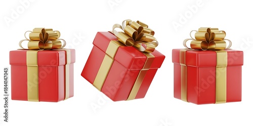 Christmas Gift Boxes in Red with Golden Ribbons and Festive Bows Arrangement