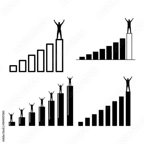triumphant person with arms raised in victory standing on top of the tallest bar of a rising bar graph symbolizing success and achievement icons set