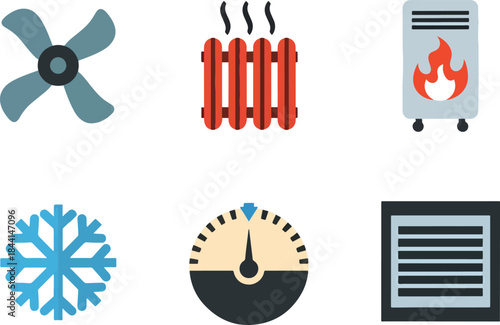 Six icons depicting climate control devices a fan radiator portable heater snowflake gauge and vent