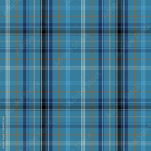 Seamless blue plaid pattern with navy, teal, black and orange stripes in modern tartan style. Perfect for fabric, textile, fashion, wallpaper, packaging and digital backgrounds. Vector illustration.