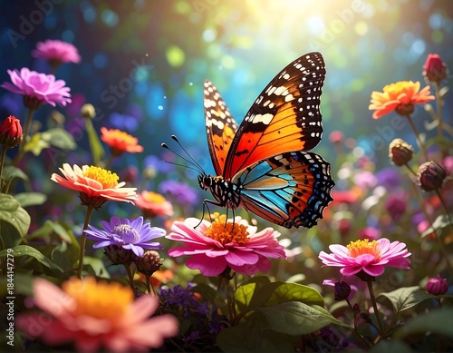 Colorful butterfly perched on a vibrant pink flower in a sunny garden