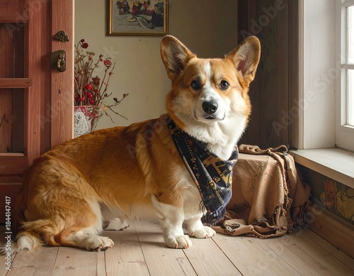 Wallpaper Mural Corgi wearing a scarf in a warm-toned interior setting Torontodigital.ca