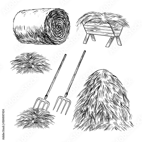 A set of pictures depicting hay. A haystack, a roll of hay, a rake, and a feeder. A hand-drawn black-and-white vector illustration. Animal feed. For the design of farm projects, as well as packaging.