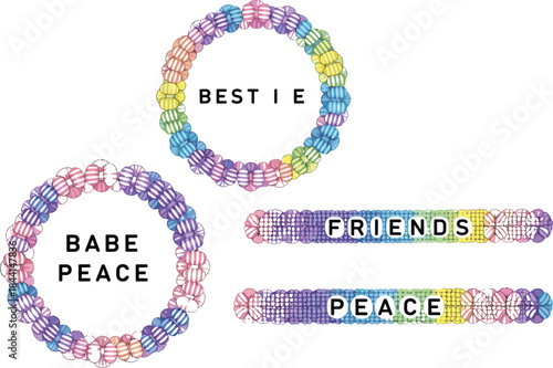 Colorful beaded friendship bracelet illustration set with pastel rainbow beads and positive words, trendy handmade jewelry vector for best friends and youth fashion design