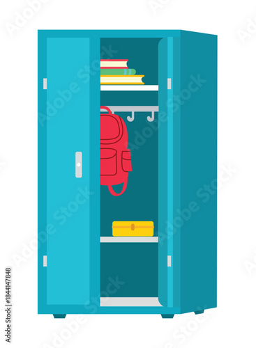 Vector illustration of an open blue school locker with colorful backpack books and box perfect for back to school education learning interior storage concepts design