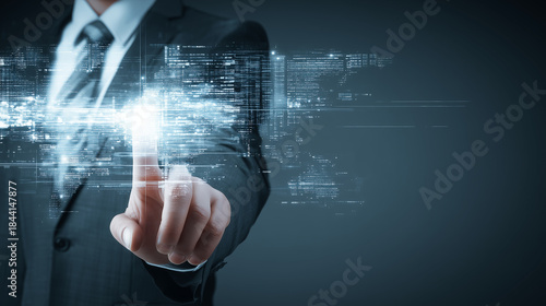Businessman in Suit with Digital Technology Interface Representing Global Connectivity and Data Management Solutions for Modern Enterprises