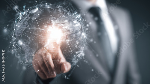 Businessman in Suit with Digital Technology Interface Representing Global Connectivity and Data Management Solutions for Modern Enterprises