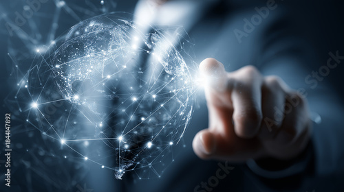 Businessman in Suit with Digital Technology Interface Representing Global Connectivity and Data Management Solutions for Modern Enterprises