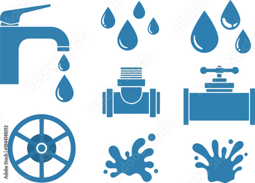 Blue icons of plumbing fixtures water droplets and splashes on a white background