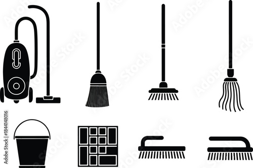 Black silhouette icons of various cleaning tools and supplies on a white background