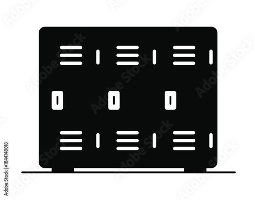 Minimal gym locker icon for school and fitness interiors, secure storage cabinet symbol with lock doors, modern flat vector illustration isolated on white background design.
