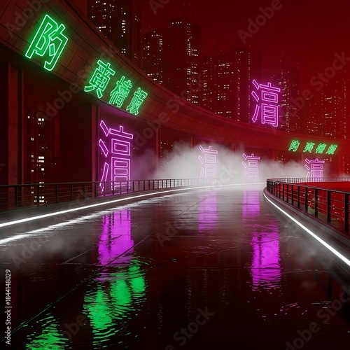 Wallpaper Mural Futuristic Cityscape Reflections, Neon Accents and Urban Wet Surface Torontodigital.ca