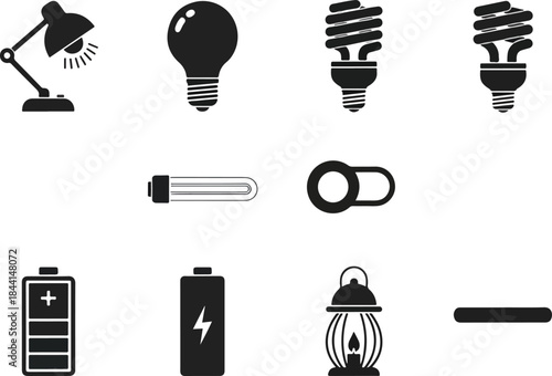 Collection of blackandwhite icons related to lighting and power sources