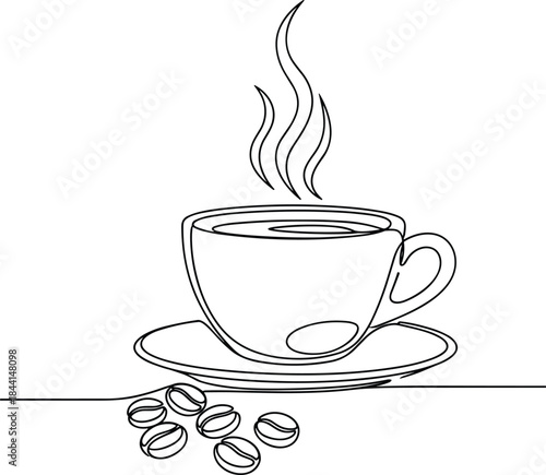 Coffee cup continuous line illustration with steam and beans representing hot beverage, cafe culture, and minimal design.