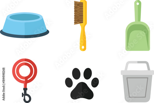 Six flat icons related to pet care bowl brush scoop leash paw print and container