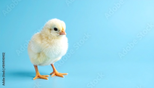 A fluffy, yellow chick stands on a light blue surface, facing left. Its small eyes and orange beak are visible. The backdrop is a solid light blue