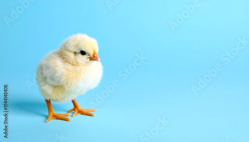 A fluffy, yellow chick stands on a plain blue surface, its head turned slightly. The small, orange legs and beak are visible