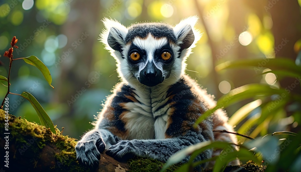 Fototapeta premium A curious lemur with striking eyes perched on a branch amidst lush green foliage and sunlit background