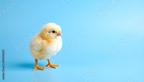 A fluffy yellow chick stands on a smooth, blue backdrop. Its small body and delicate legs are visible against the solid color