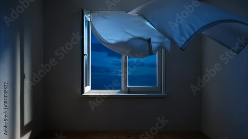 The wind from the window flutters the curtains in the old house in the moonlight.