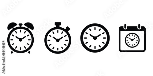 Time Clock and Calendar Black Icon Set