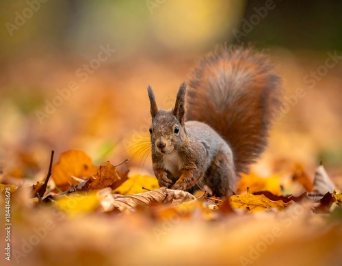 A fluffy-tailed, red-furred rodent sits amidst a carpet of fallen autumn leaves, looking directly at the viewer with focused eyes