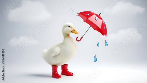Cute Duckling Wearing Red Boots Holding a Red Umbrella baby animal adorable