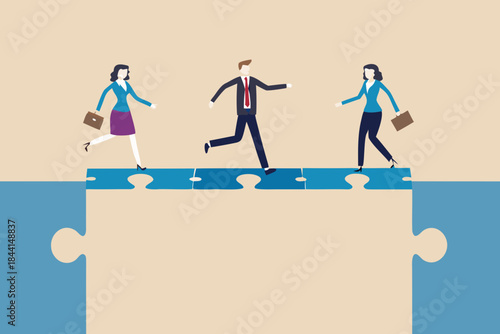Business people carefully stepping across fragmented puzzle pieces representing risk