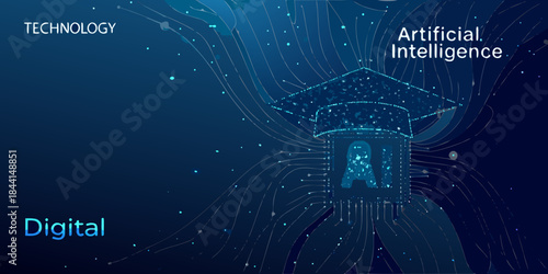 Digital graduation cap with ai technology and connected network lines