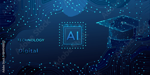 Artificial intelligence technology and digital learning concepts with a graduation cap
