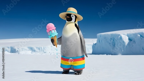 Emperor Penguin Wearing Straw Hat and Swim Trunks Holding Ice Cream 