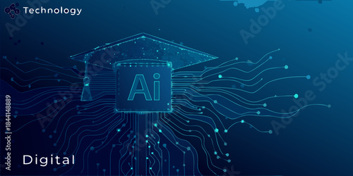 Artificial intelligence graduation cap with glowing digital lines and technology