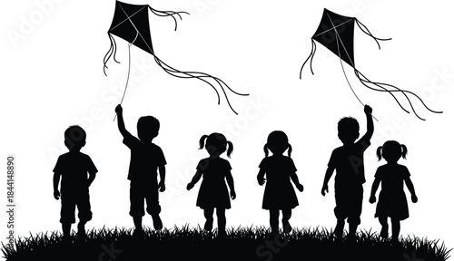 Children Flying Kites Silhouette Vector 